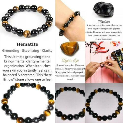 Energy Healing Stretch Bracelet Natural Stone Hematite Tiger Eye Unisex Jewelry