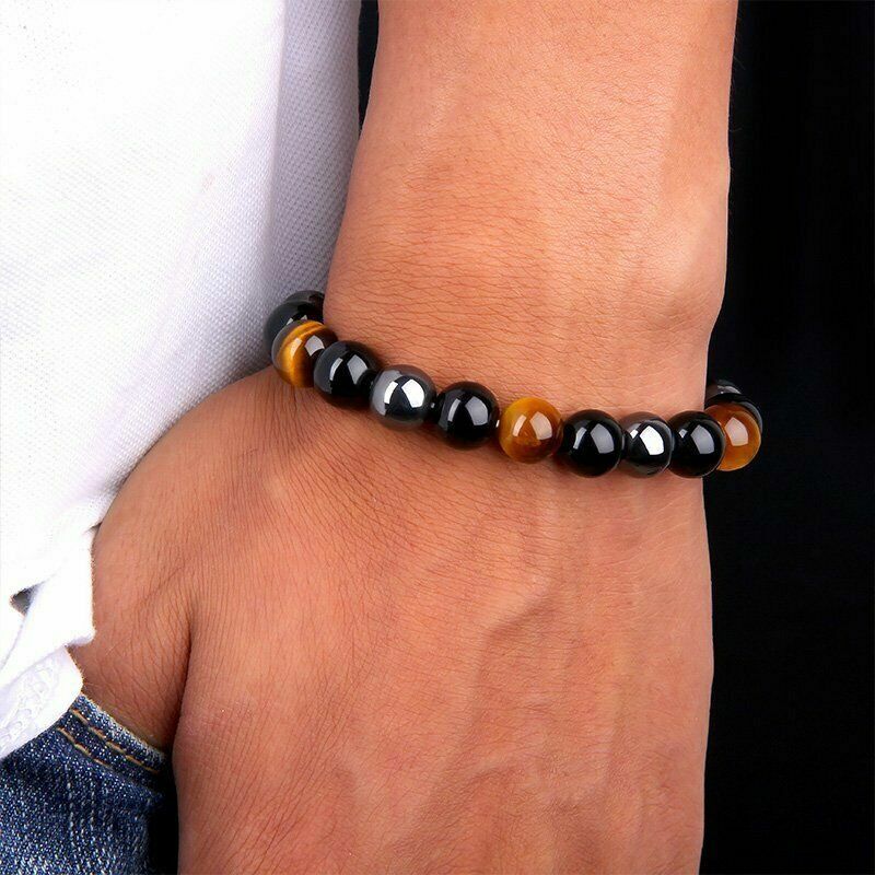 Energy Healing Stretch Bracelet Natural Stone Hematite Tiger Eye Unisex Jewelry