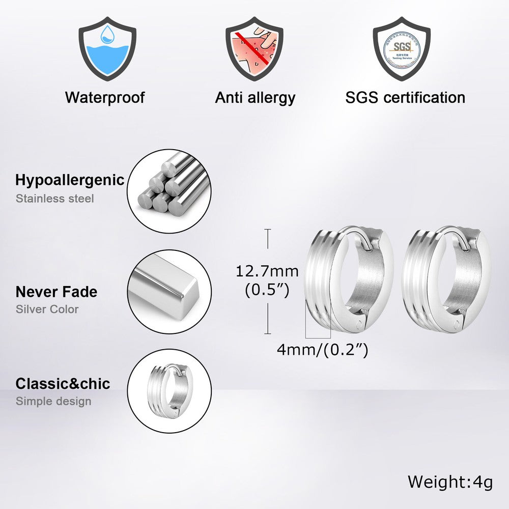Grooved Hoop Earrings for Men Boys,Stainless Steel Anti Allergy Goth Ear Jewelry