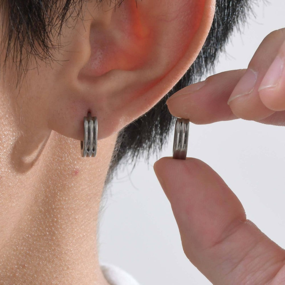 Grooved Hoop Earrings for Men Boys,Stainless Steel Anti Allergy Goth Ear Jewelry