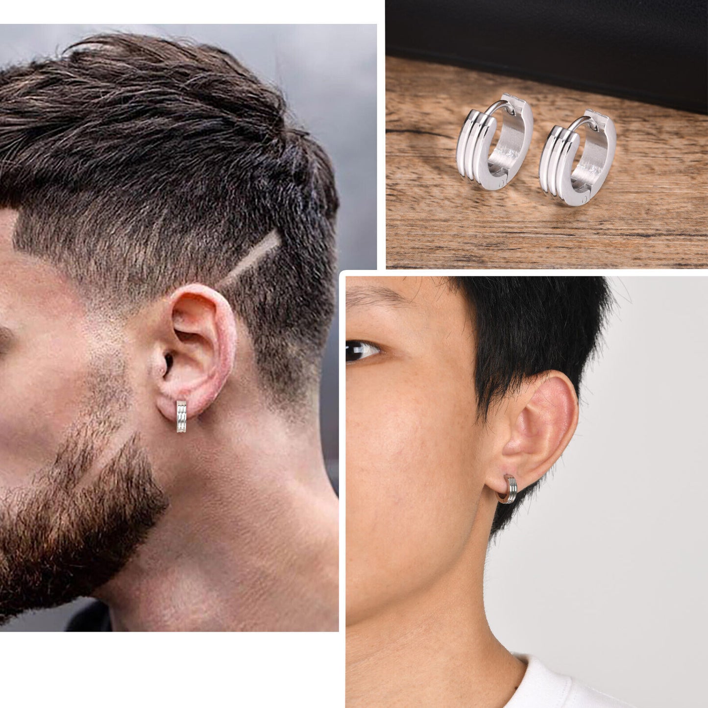Grooved Hoop Earrings for Men Boys,Stainless Steel Anti Allergy Goth Ear Jewelry